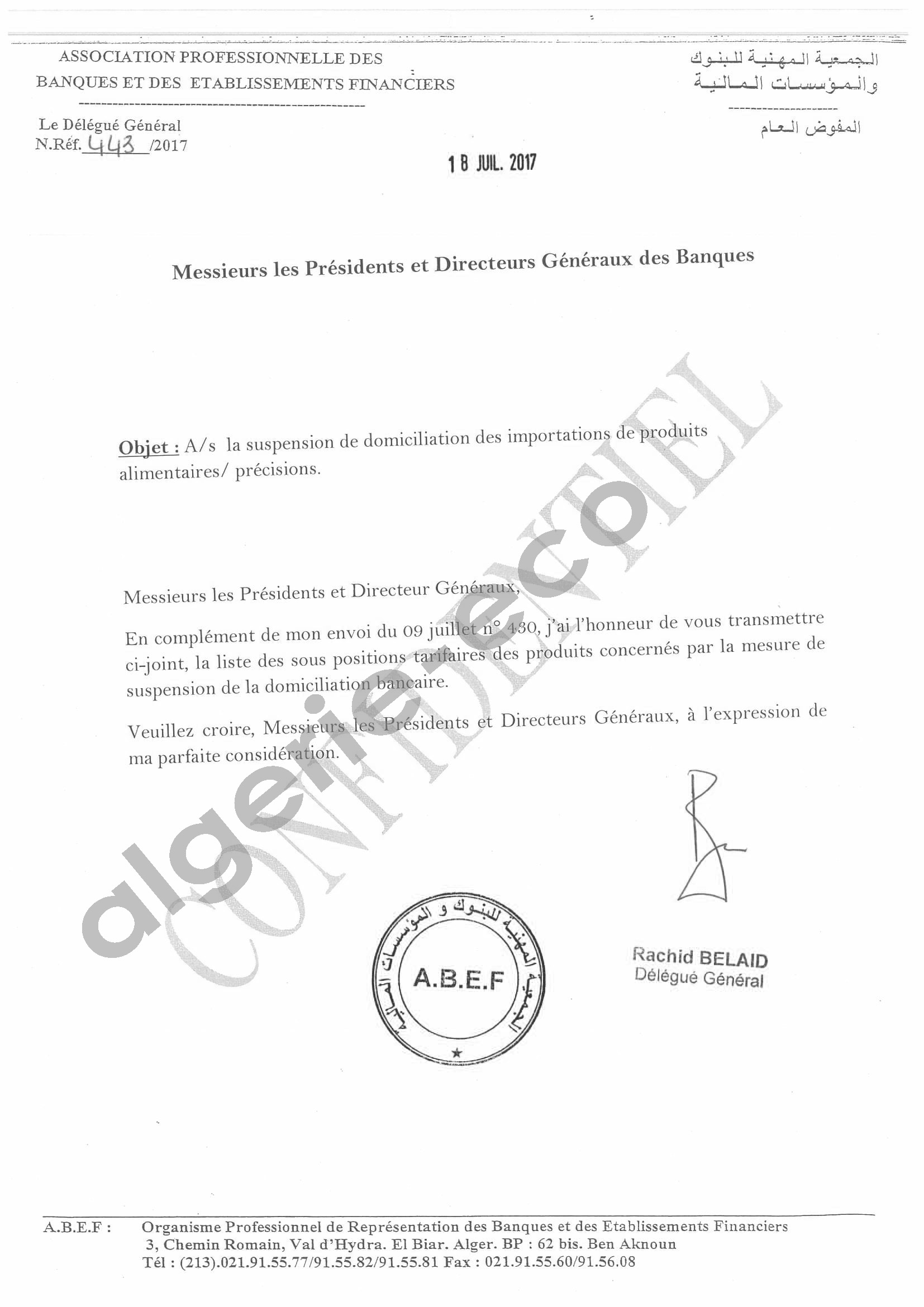 conrrespondance ABEF suspension de domiciliation d'importation de produits alimentaires