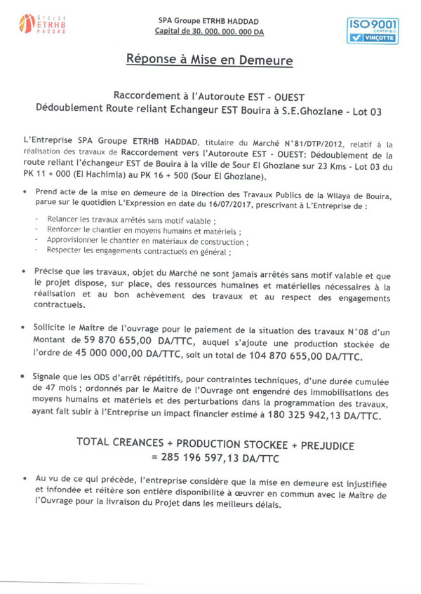 réponses aux mises en demeure