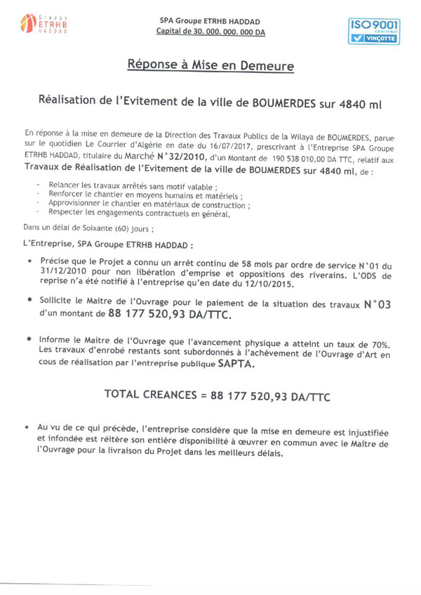 réponses aux mises en demeure