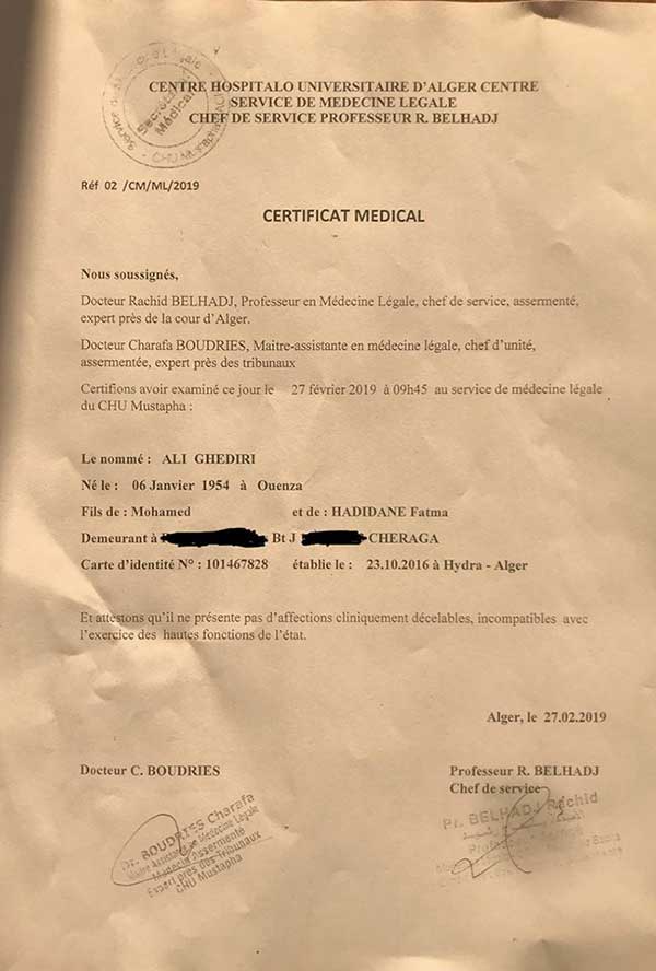 Certificat médical en Algérie