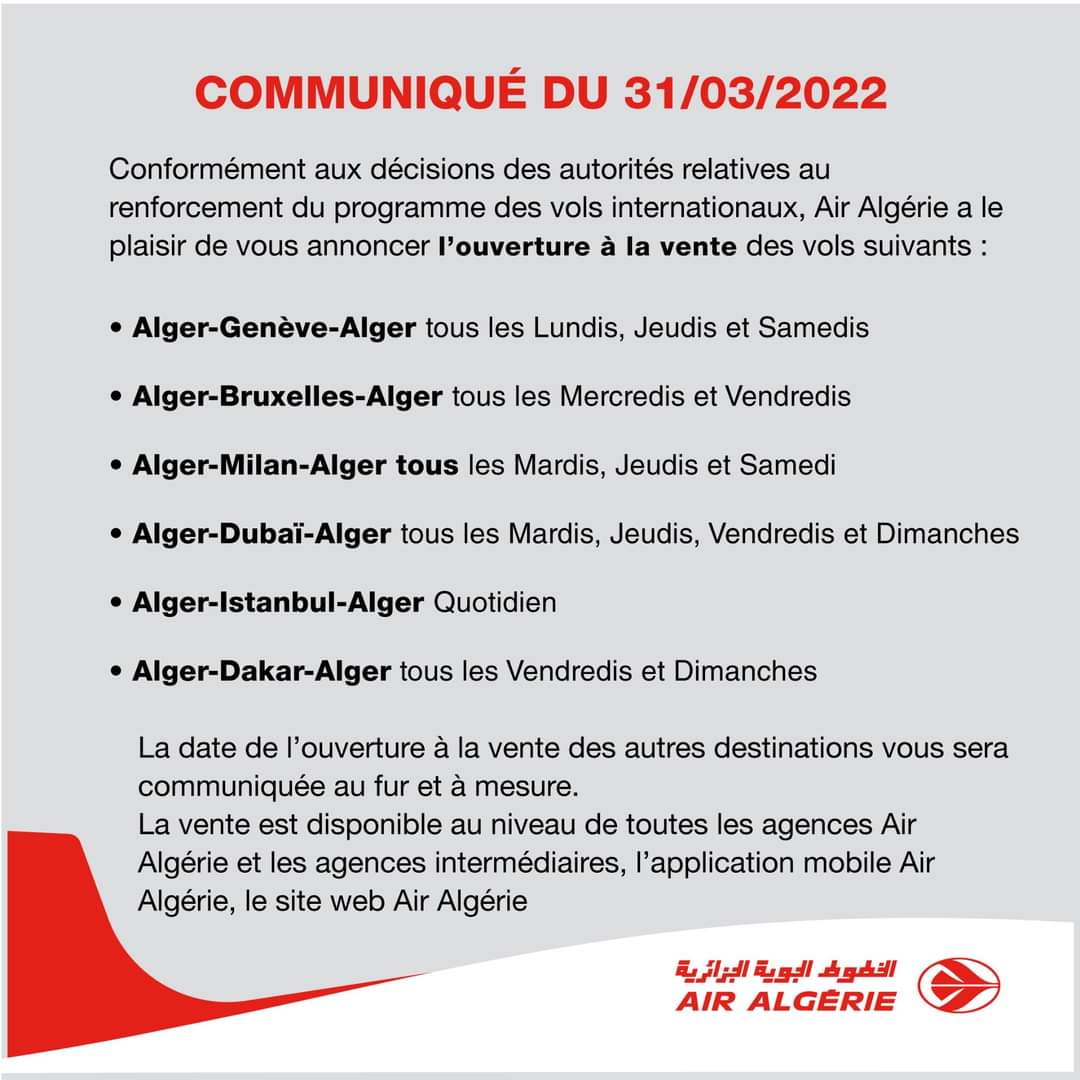 Nouveau programme de vols : Air Algérie lance la vente des billets vers ...